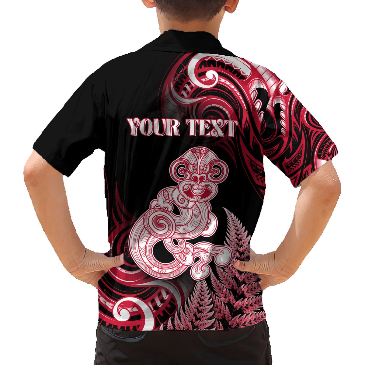 Personalised New Zealand Maori Taniwha Hawaiian Shirt Silver Fern Red Version