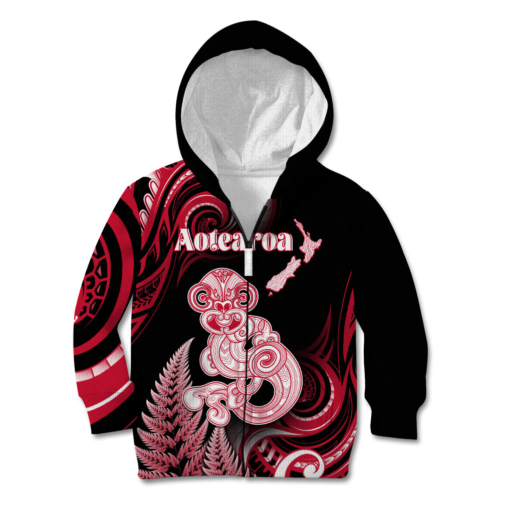Personalised New Zealand Maori Taniwha Kid Hoodie Silver Fern Red Version LT05 Zip Hoodie Red - Polynesian Pride