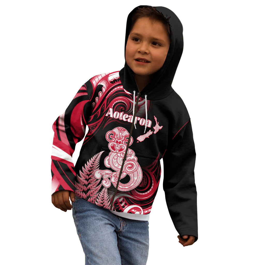 Personalised New Zealand Maori Taniwha Kid Hoodie Silver Fern Red Version LT05 - Polynesian Pride