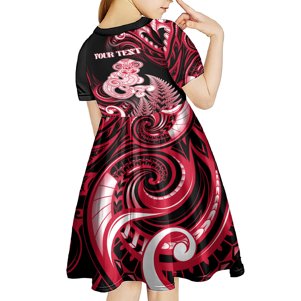 Personalised New Zealand Maori Taniwha Kid Short Sleeve Dress Silver Fern Red Version LT05 - Polynesian Pride