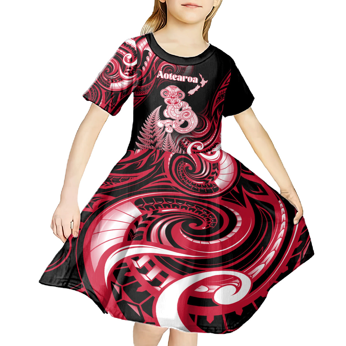 Personalised New Zealand Maori Taniwha Kid Short Sleeve Dress Silver Fern Red Version LT05 - Polynesian Pride