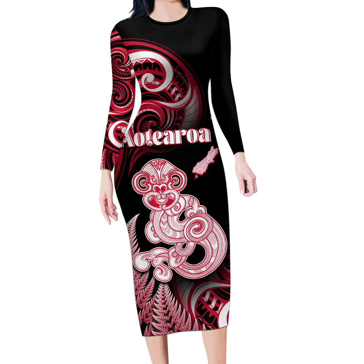 Personalised New Zealand Maori Taniwha Long Sleeve Bodycon Dress Silver Fern Red Version LT05 Long Dress Red - Polynesian Pride