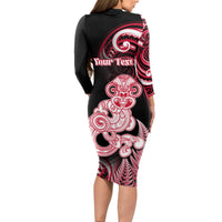 Personalised New Zealand Maori Taniwha Long Sleeve Bodycon Dress Silver Fern Red Version LT05 - Polynesian Pride