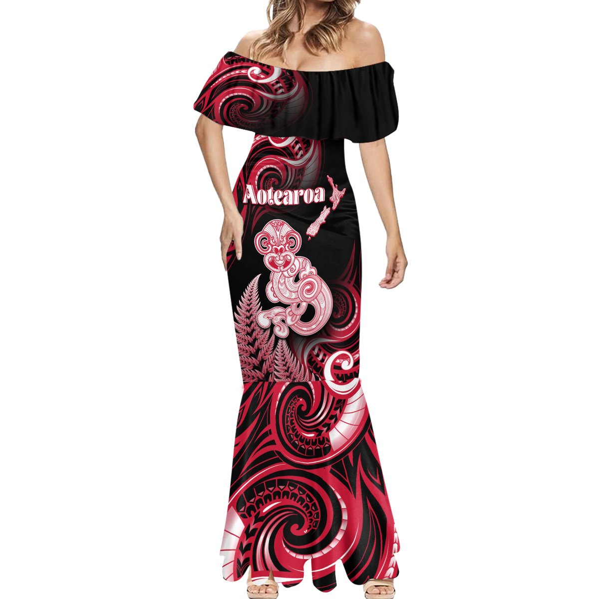 Personalised New Zealand Maori Taniwha Mermaid Dress Silver Fern Red Version LT05 - Polynesian Pride