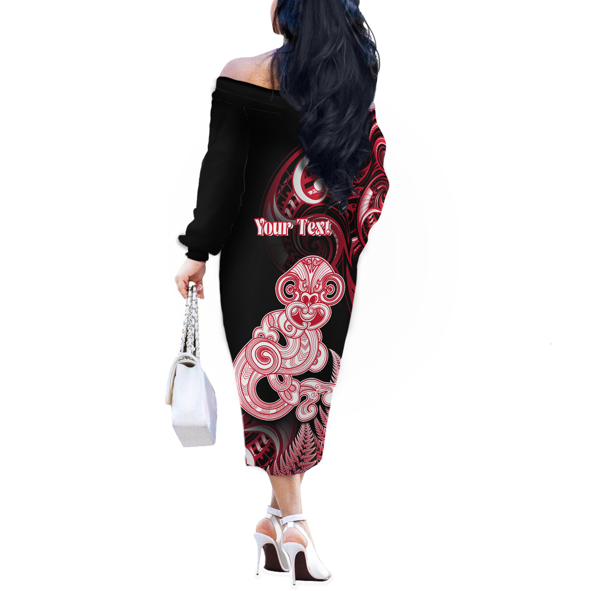 Personalised New Zealand Maori Taniwha Off The Shoulder Long Sleeve Dress Silver Fern Red Version LT05 - Polynesian Pride