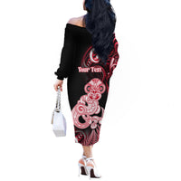 Personalised New Zealand Maori Taniwha Off The Shoulder Long Sleeve Dress Silver Fern Red Version LT05 - Polynesian Pride