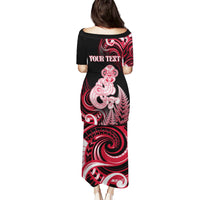 Personalised New Zealand Maori Taniwha Puletasi Silver Fern Red Version