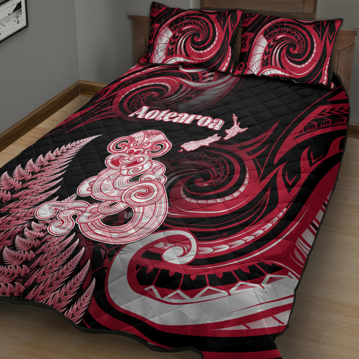 New Zealand Maori Taniwha Quilt Bed Set Silver Fern Red Version