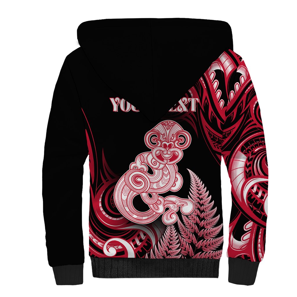 Personalised New Zealand Maori Taniwha Sherpa Hoodie Silver Fern Red Version LT05 - Polynesian Pride