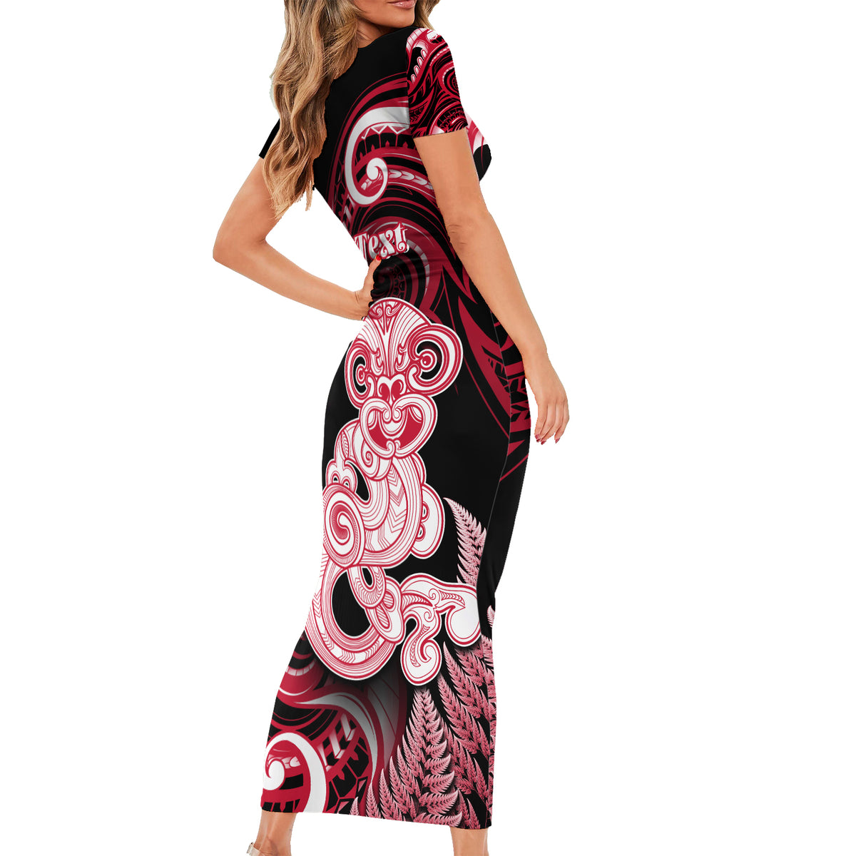 Personalised New Zealand Maori Taniwha Short Sleeve Bodycon Dress Silver Fern Red Version LT05 - Polynesian Pride