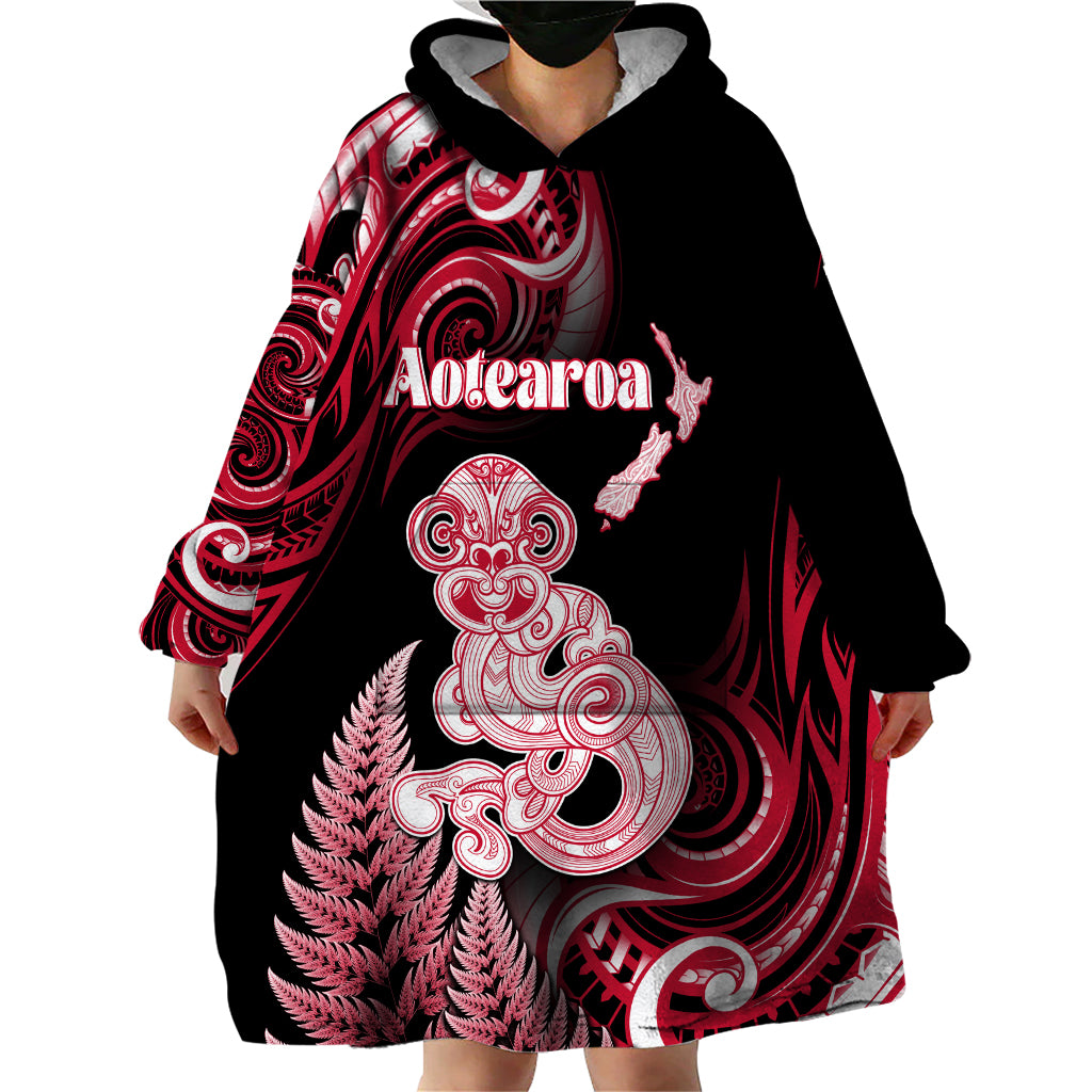 Personalised New Zealand Maori Taniwha Wearable Blanket Hoodie Silver Fern Red Version LT05 - Polynesian Pride