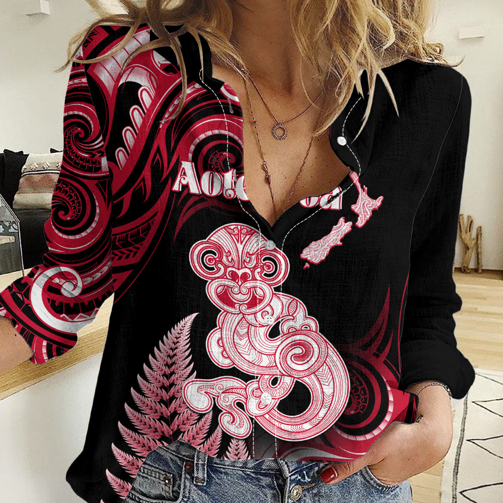 Personalised New Zealand Maori Taniwha Women Casual Shirt Silver Fern Red Version LT05 Female Red - Polynesian Pride