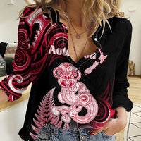 Personalised New Zealand Maori Taniwha Women Casual Shirt Silver Fern Red Version LT05 Female Red - Polynesian Pride