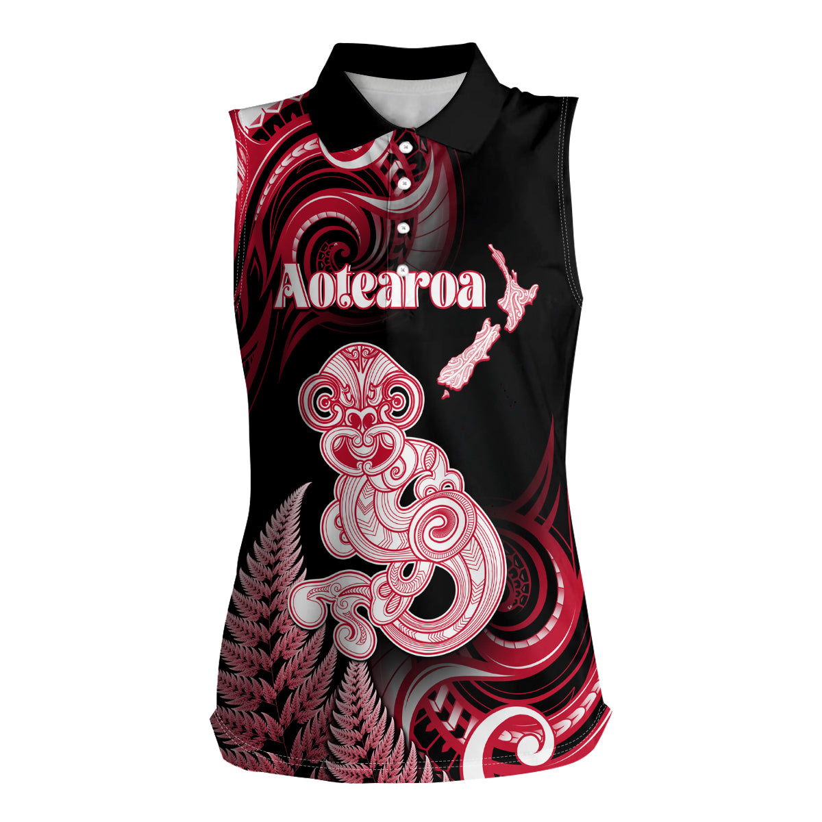 Personalised New Zealand Maori Taniwha Women Sleeveless Polo Shirt Silver Fern Red Version LT05 Female Red - Polynesian Pride