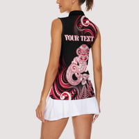 Personalised New Zealand Maori Taniwha Women Sleeveless Polo Shirt Silver Fern Red Version LT05 - Polynesian Pride