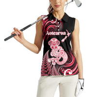 Personalised New Zealand Maori Taniwha Women Sleeveless Polo Shirt Silver Fern Red Version LT05 - Polynesian Pride