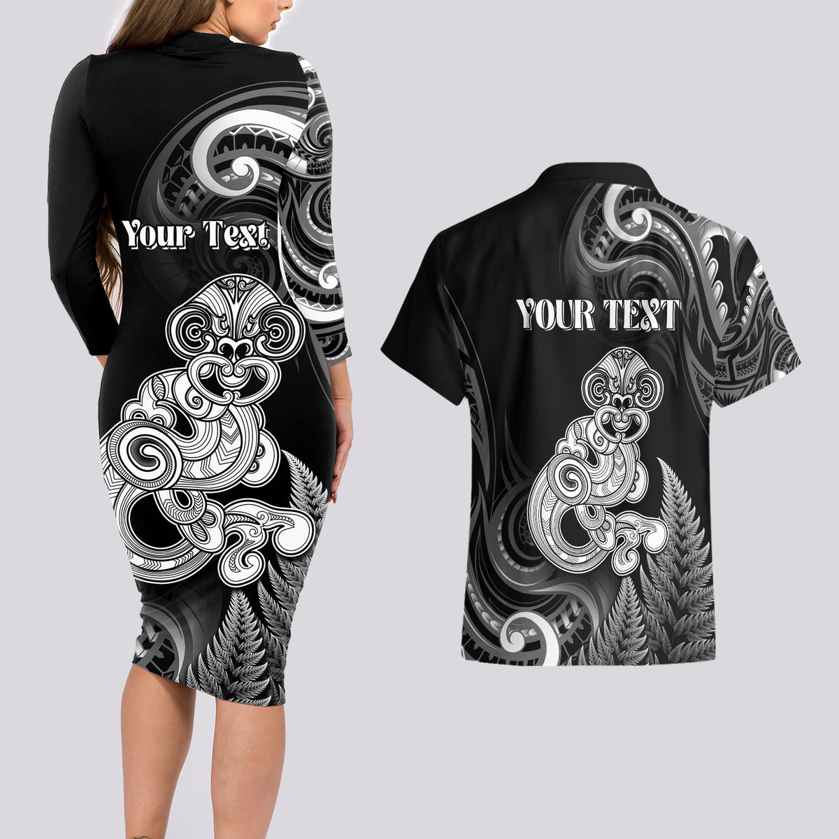 Personalised New Zealand Maori Taniwha Couples Matching Long Sleeve Bodycon Dress and Hawaiian Shirt Silver Fern Black Version LT05 - Polynesian Pride