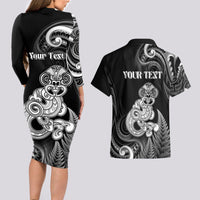 Personalised New Zealand Maori Taniwha Couples Matching Long Sleeve Bodycon Dress and Hawaiian Shirt Silver Fern Black Version LT05 - Polynesian Pride