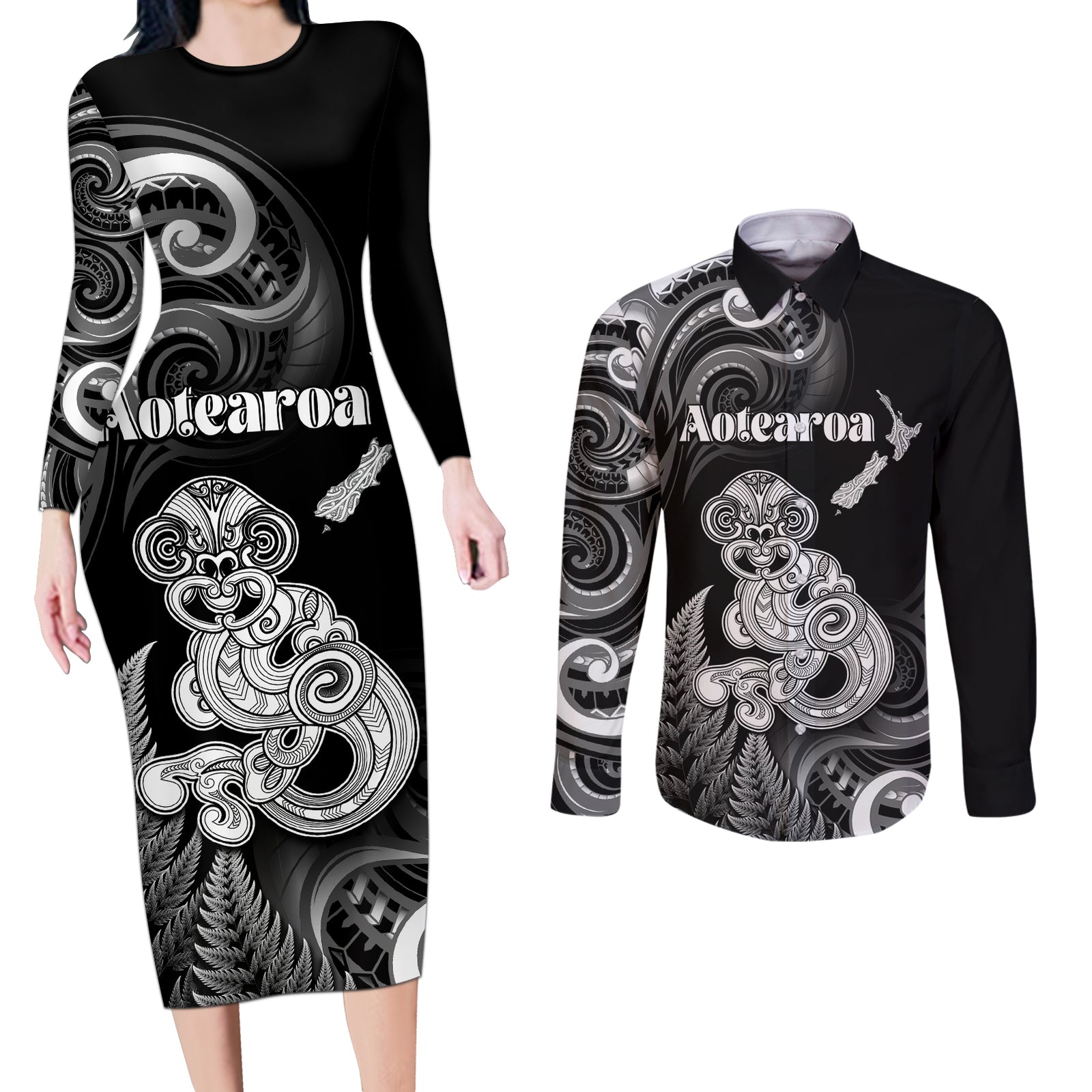 Personalised New Zealand Maori Taniwha Couples Matching Long Sleeve Bodycon Dress and Long Sleeve Button Shirt Silver Fern Black Version LT05 Black - Polynesian Pride