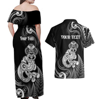 Personalised New Zealand Maori Taniwha Couples Matching Off Shoulder Maxi Dress and Hawaiian Shirt Silver Fern Black Version LT05 - Polynesian Pride