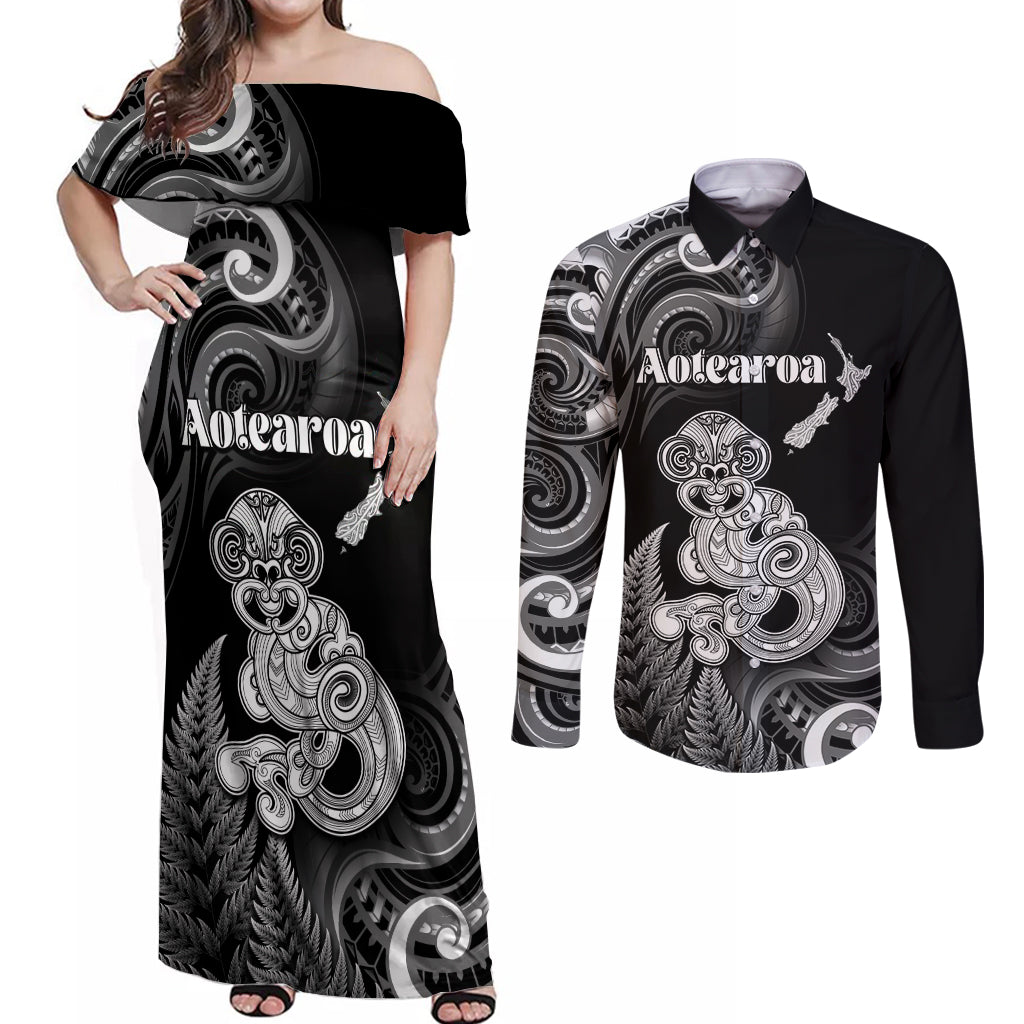 Personalised New Zealand Maori Taniwha Couples Matching Off Shoulder Maxi Dress and Long Sleeve Button Shirt Silver Fern Black Version LT05 Black - Polynesian Pride
