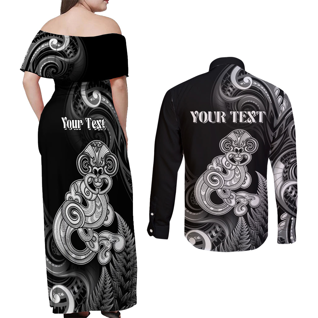 Personalised New Zealand Maori Taniwha Couples Matching Off Shoulder Maxi Dress and Long Sleeve Button Shirt Silver Fern Black Version LT05 - Polynesian Pride