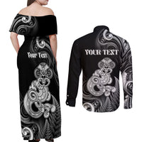 Personalised New Zealand Maori Taniwha Couples Matching Off Shoulder Maxi Dress and Long Sleeve Button Shirt Silver Fern Black Version LT05 - Polynesian Pride