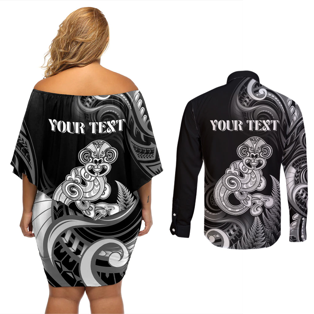 Personalised New Zealand Maori Taniwha Couples Matching Off Shoulder Short Dress and Long Sleeve Button Shirt Silver Fern Black Version LT05 - Polynesian Pride