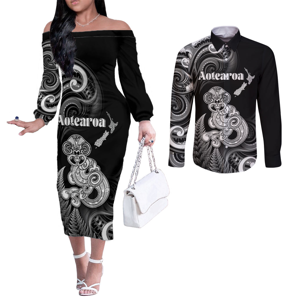 Personalised New Zealand Maori Taniwha Couples Matching Off The Shoulder Long Sleeve Dress and Long Sleeve Button Shirt Silver Fern Black Version LT05 Black - Polynesian Pride