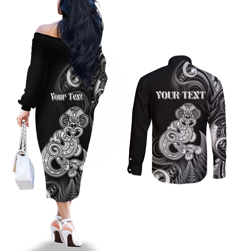 Personalised New Zealand Maori Taniwha Couples Matching Off The Shoulder Long Sleeve Dress and Long Sleeve Button Shirt Silver Fern Black Version LT05 - Polynesian Pride