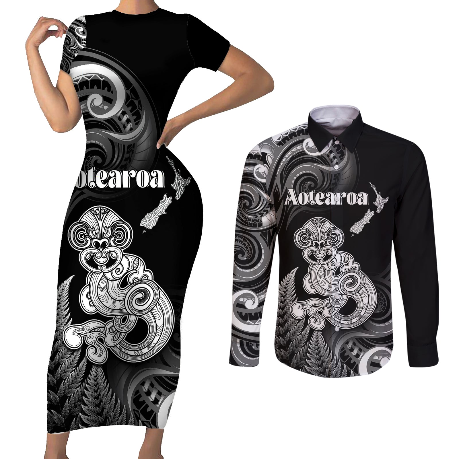 Personalised New Zealand Maori Taniwha Couples Matching Short Sleeve Bodycon Dress and Long Sleeve Button Shirt Silver Fern Black Version LT05 Black - Polynesian Pride