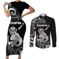 Personalised New Zealand Maori Taniwha Couples Matching Short Sleeve Bodycon Dress and Long Sleeve Button Shirt Silver Fern Black Version LT05 Black - Polynesian Pride