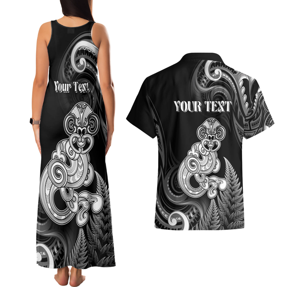 Personalised New Zealand Maori Taniwha Couples Matching Tank Maxi Dress and Hawaiian Shirt Silver Fern Black Version LT05 - Polynesian Pride
