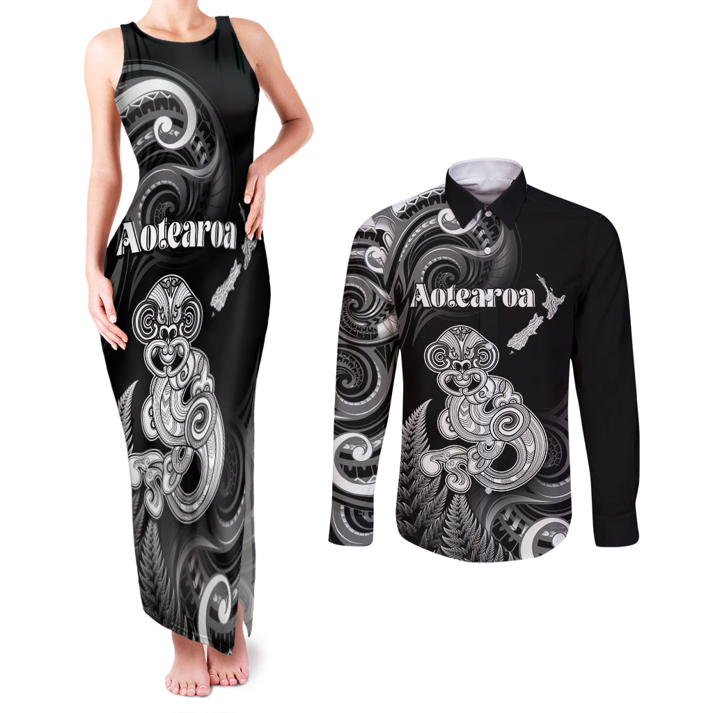Personalised New Zealand Maori Taniwha Couples Matching Tank Maxi Dress and Long Sleeve Button Shirt Silver Fern Black Version LT05 Black - Polynesian Pride