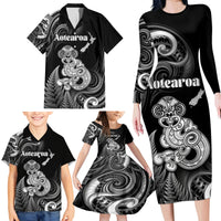 Personalised New Zealand Maori Taniwha Family Matching Long Sleeve Bodycon Dress and Hawaiian Shirt Silver Fern Black Version LT05 - Polynesian Pride