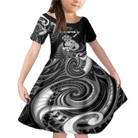 Personalised New Zealand Maori Taniwha Family Matching Mermaid Dress and Hawaiian Shirt Silver Fern Black Version LT05 Daughter's Dress Black - Polynesian Pride