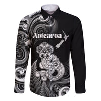 Personalised New Zealand Maori Taniwha Family Matching Mermaid Dress and Hawaiian Shirt Silver Fern Black Version LT05 Dad's Shirt - Long Sleeve Black - Polynesian Pride