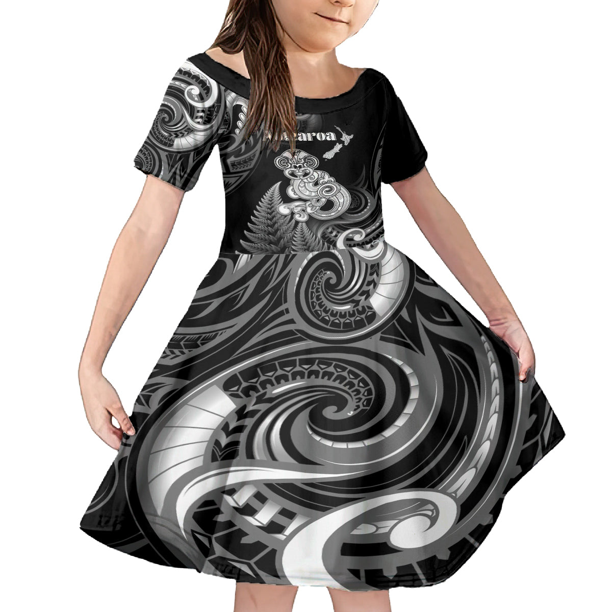Personalised New Zealand Maori Taniwha Family Matching Off The Shoulder Long Sleeve Dress and Hawaiian Shirt Silver Fern Black Version LT05 Daughter's Dress Black - Polynesian Pride