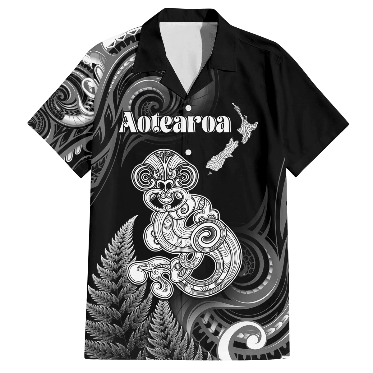Personalised New Zealand Maori Taniwha Family Matching Off The Shoulder Long Sleeve Dress and Hawaiian Shirt Silver Fern Black Version LT05 Dad's Shirt - Short Sleeve Black - Polynesian Pride