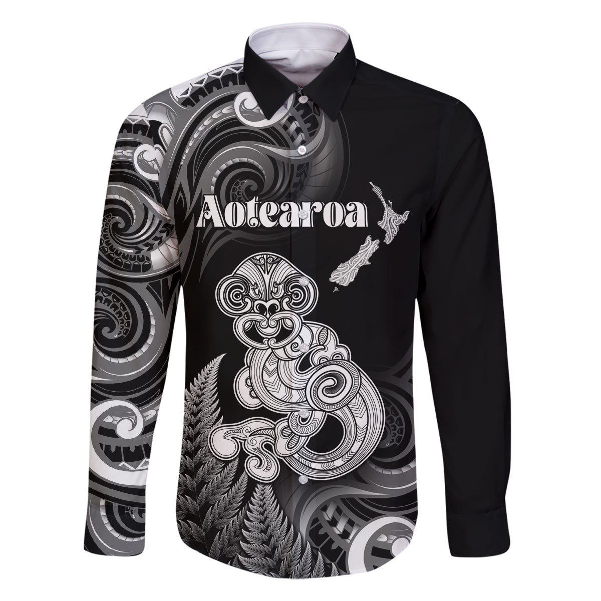 Personalised New Zealand Maori Taniwha Family Matching Off The Shoulder Long Sleeve Dress and Hawaiian Shirt Silver Fern Black Version LT05 Dad's Shirt - Long Sleeve Black - Polynesian Pride