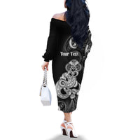 Personalised New Zealand Maori Taniwha Family Matching Off The Shoulder Long Sleeve Dress and Hawaiian Shirt Silver Fern Black Version LT05 - Polynesian Pride