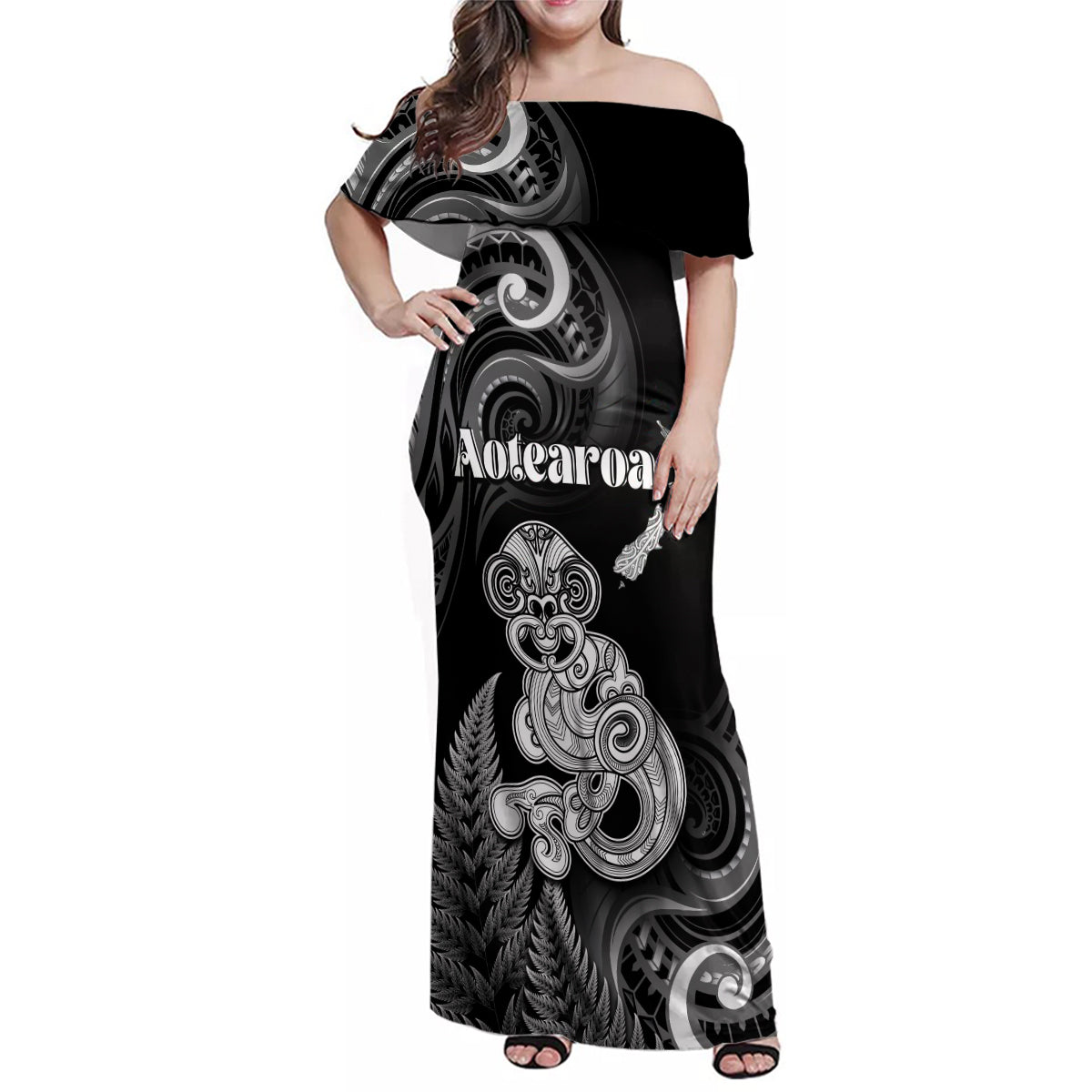 Personalised New Zealand Maori Taniwha Family Matching Off Shoulder Maxi Dress and Hawaiian Shirt Silver Fern Black Version LT05 Mom's Dress Black - Polynesian Pride