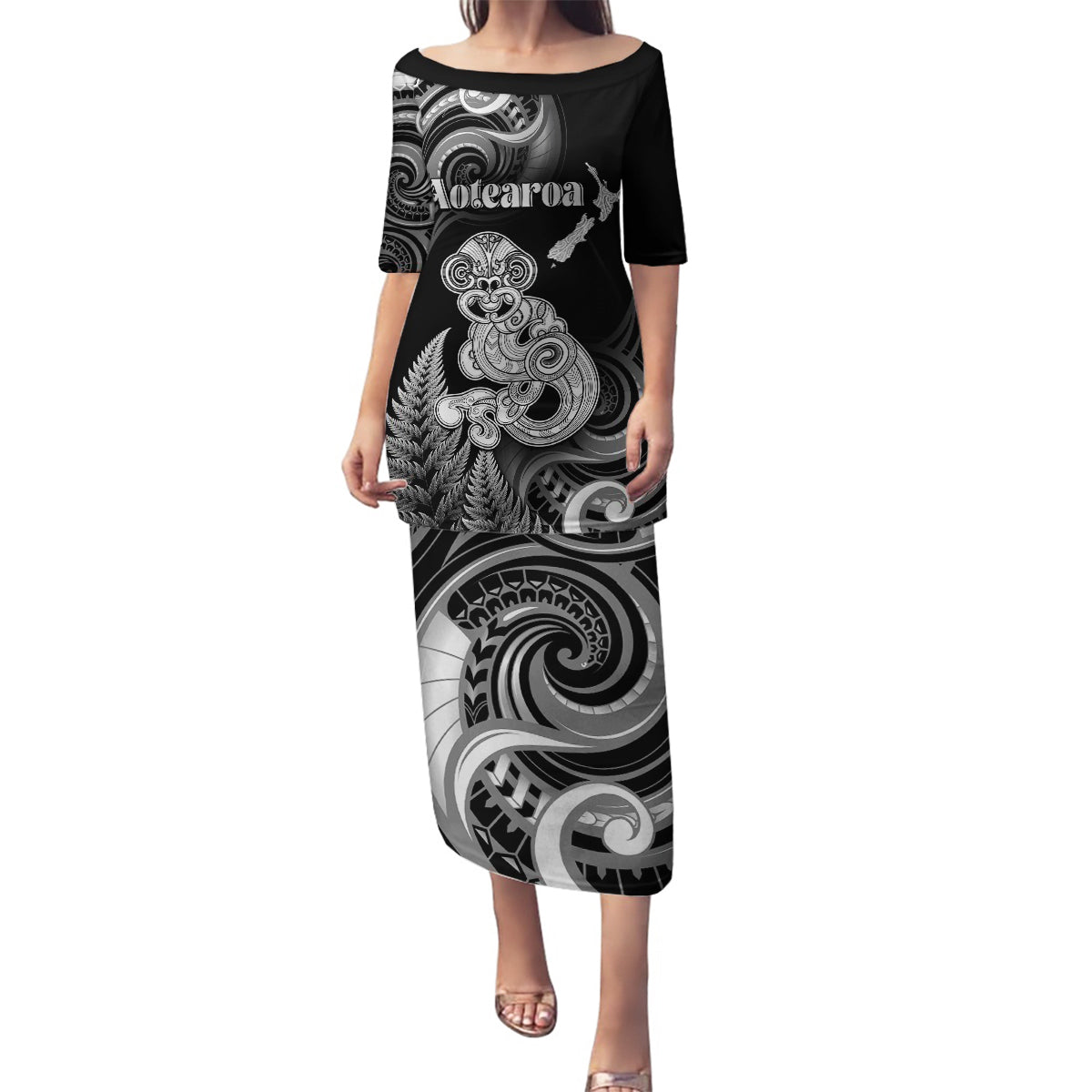 Personalised New Zealand Maori Taniwha Family Matching Puletasi and Hawaiian Shirt Silver Fern Black Version LT05 Mom's Dress Black - Polynesian Pride