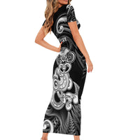 Personalised New Zealand Maori Taniwha Family Matching Short Sleeve Bodycon Dress and Hawaiian Shirt Silver Fern Black Version LT05 - Polynesian Pride
