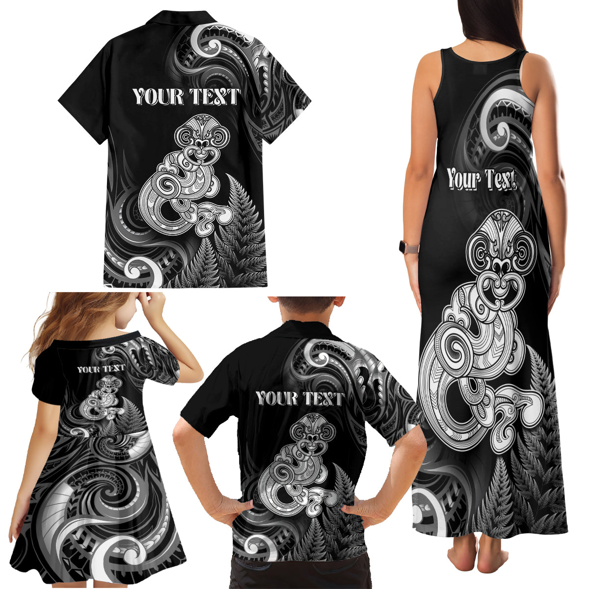 Personalised New Zealand Maori Taniwha Family Matching Tank Maxi Dress and Hawaiian Shirt Silver Fern Black Version LT05 - Polynesian Pride