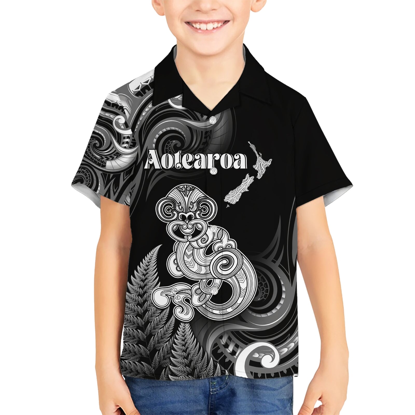 Personalised New Zealand Maori Taniwha Kid Hawaiian Shirt Silver Fern Black Version LT05 Kid Black - Polynesian Pride