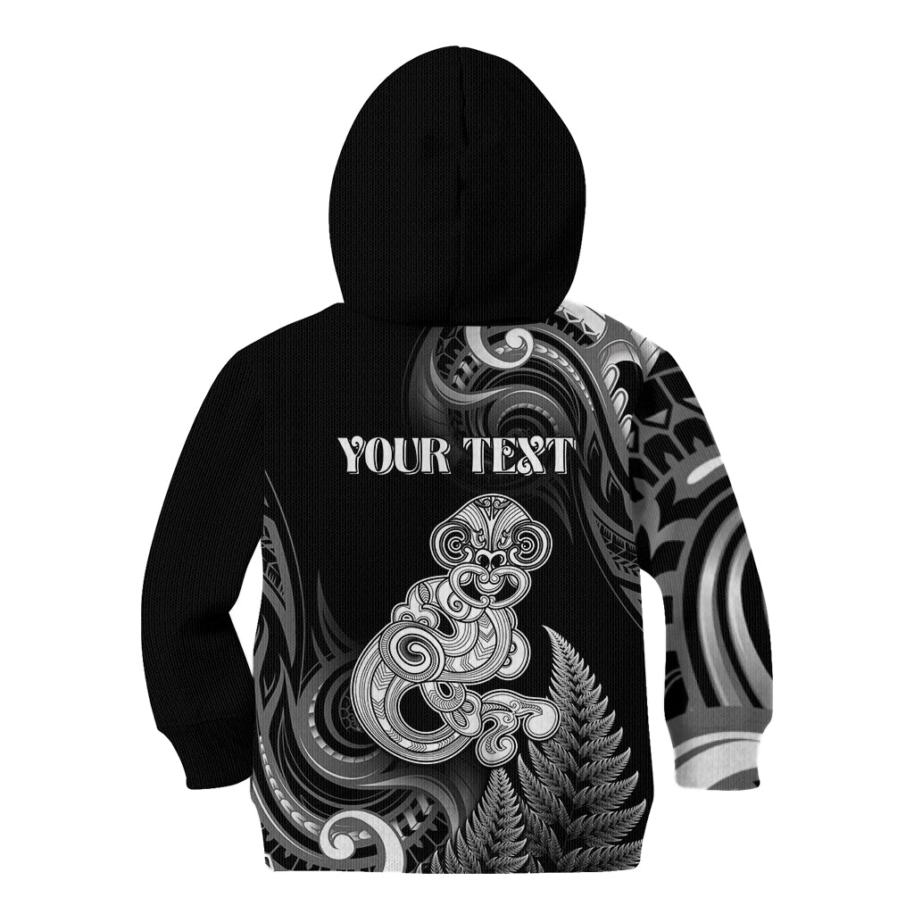 Personalised New Zealand Maori Taniwha Kid Hoodie Silver Fern Black Version LT05 - Polynesian Pride