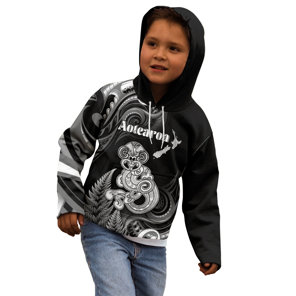 Personalised New Zealand Maori Taniwha Kid Hoodie Silver Fern Black Version LT05 - Polynesian Pride
