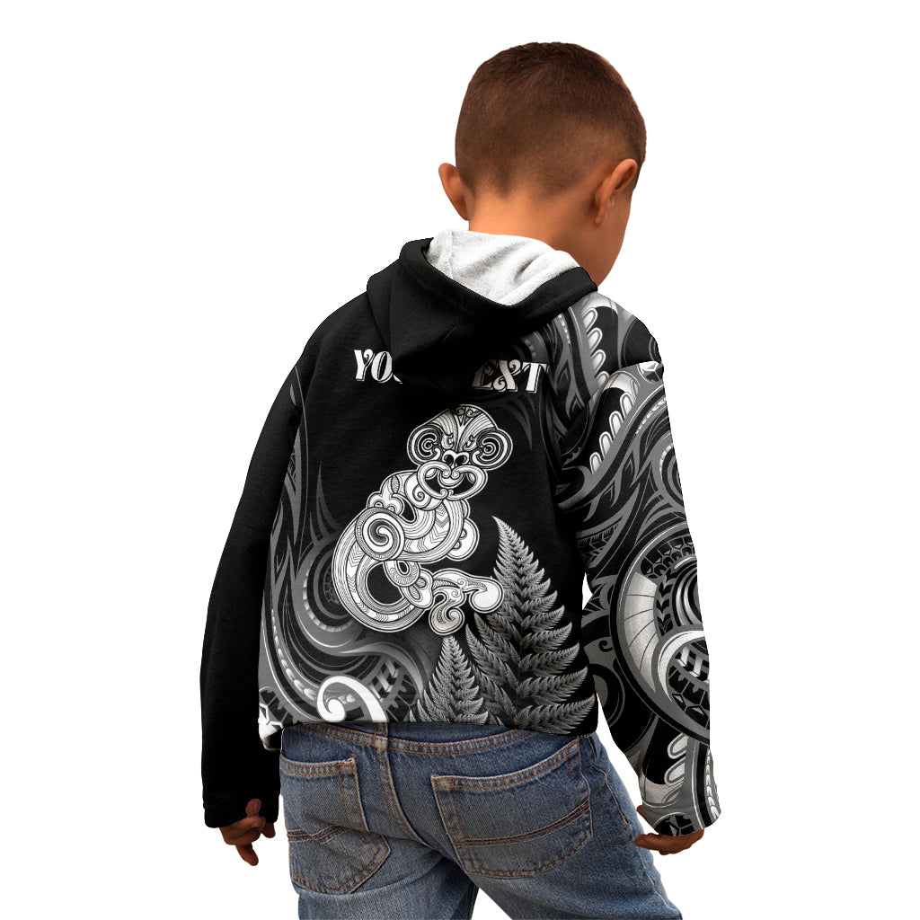 Personalised New Zealand Maori Taniwha Kid Hoodie Silver Fern Black Version LT05 - Polynesian Pride