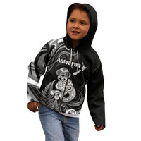 Personalised New Zealand Maori Taniwha Kid Hoodie Silver Fern Black Version LT05 - Polynesian Pride